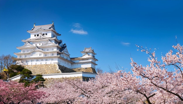 Photo the majestic himeji castle surrounded by cherry blossoms in full bloom