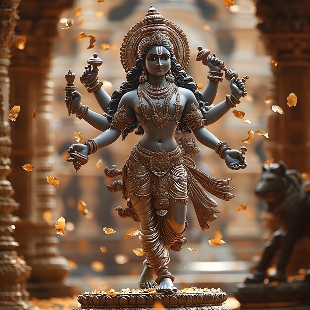 Photo the majestic hindu deity vishnu statue in a golden temple