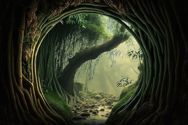 Majestic hollow tree with drooping bamboo shoots in a bamboo forest