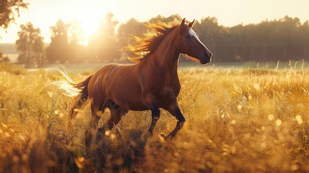 majestic horse galloping freely in a sunlit pasture with windblown mane