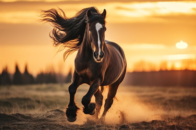 Majestic Horse Galloping in Sunset Field Equestrian