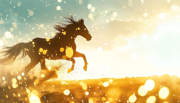 Majestic horse galloping through a field of golden lights during a stunning and breathtaking sunset