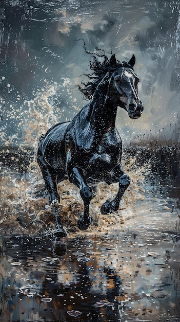 Majestic Horse Galloping Through Water in Soft Lightl