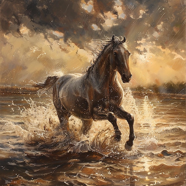 Majestic Horse Galloping Through Water in Soft Lightl