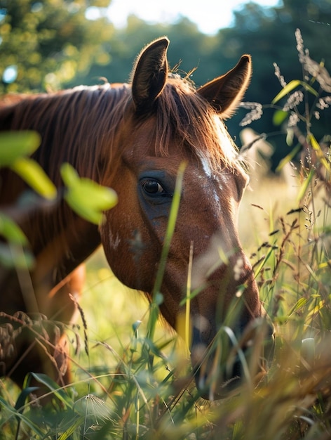 Majestic Horse Grazing in Sunlit Meadow