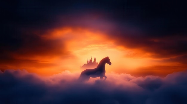 A majestic horse stands against a breathtaking sunset over clouds evoking a sense of wonder and fantasy