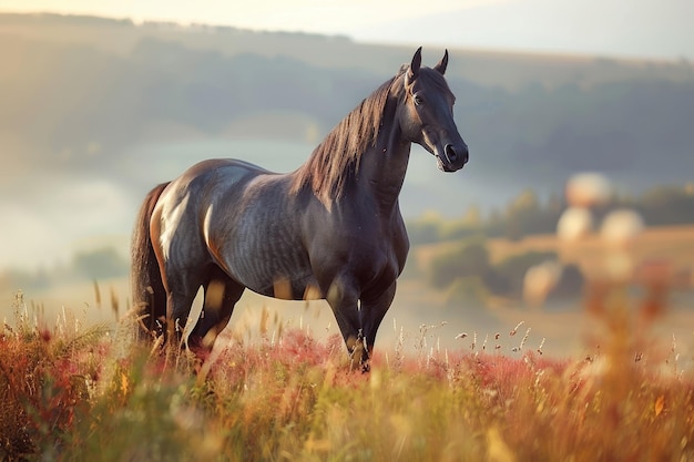 A majestic horse stands proudly in a field of tall grass An image of a majestic horse standing proudly in a field