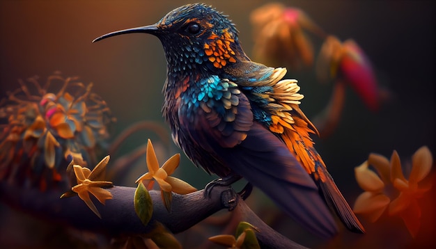 Majestic hummingbird in a plant branch generative AI