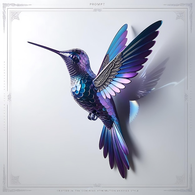 A majestic hummingbird sculpted from iridescent materials