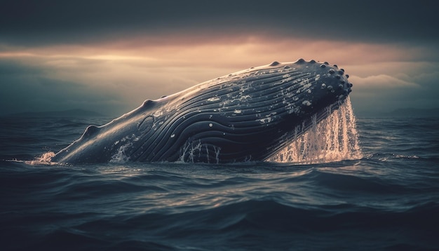 Majestic humpback whale breaches in the blue sea at sunset generated by artificial intelligence