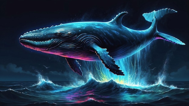 A majestic humpback whale breaches the surface of the dark Black Sea illuminated by vibrant neon hu