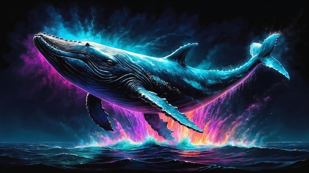 A majestic humpback whale breaches the surface of the dark Black Sea illuminated by vibrant neon hu