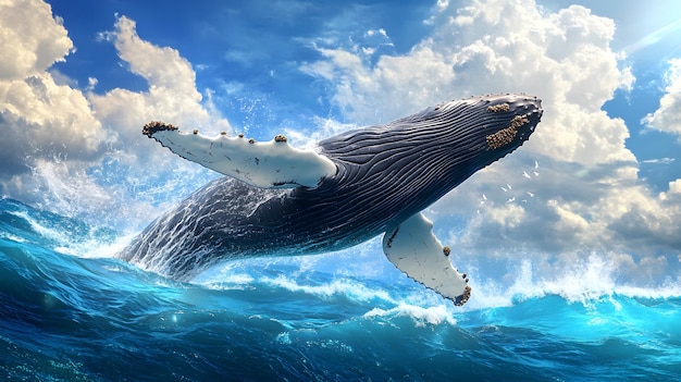 Photo majestic humpback whale breaching ocean spray crystal clear blue water bright blue sky fluffy white