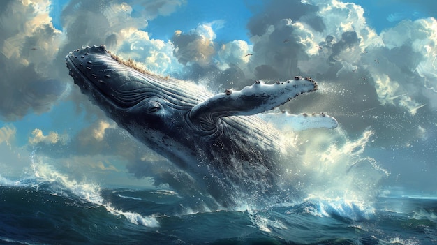 Majestic Humpback Whale Leaping Out of the Ocean Waves Against a Dramatic Cloudy Sky