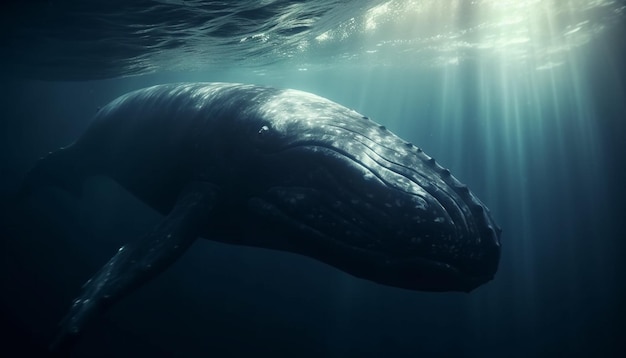 Majestic humpback whale swimming below blue tropical reef wave generated by artificial intelligence