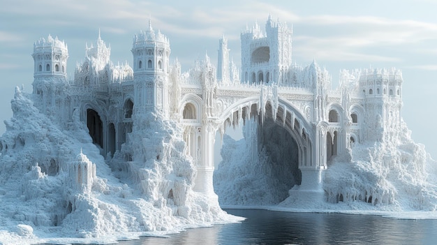 A majestic ice castle with intricate architecture and frozen landscape