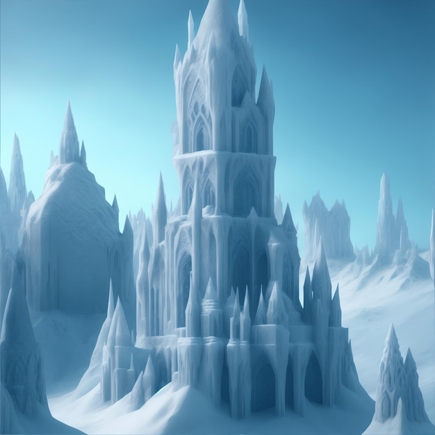 A majestic ice castle with towering spires and intricate frost