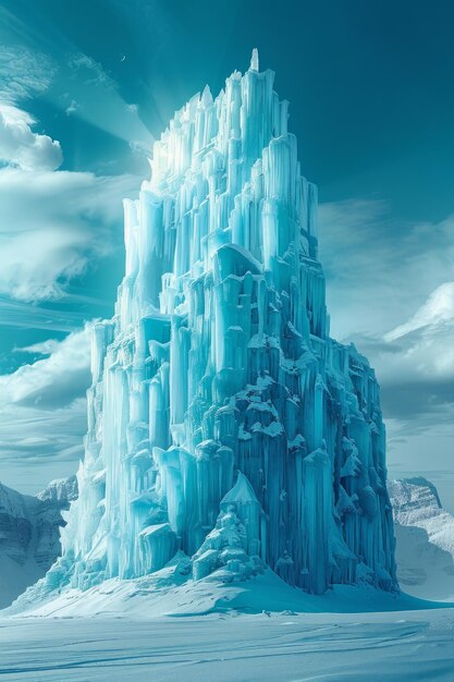 Photo a majestic ice castlelike formation stands tall against a clear sky its crystalline towers