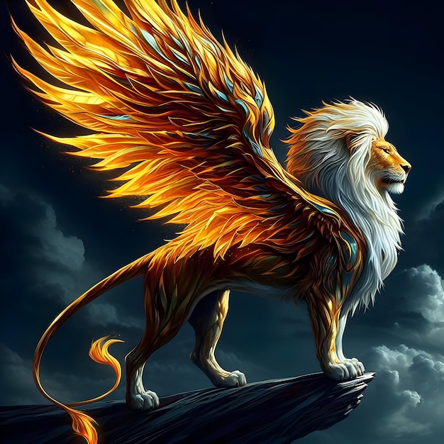 Majestic Inferno Guardian A Lion Soars with Wings of Fire