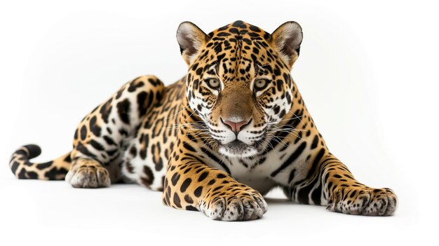 A majestic jaguar lounges its eyes piercing and fur patterned with striking rosettes