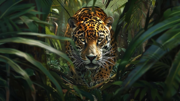 Majestic jaguar prowling through an unseen Amazon underbrush muscles tensed eyes