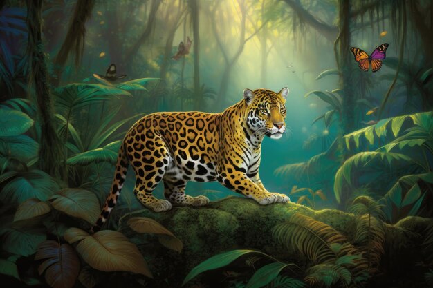 Majestic jaguar rests in the lush forest generative IA