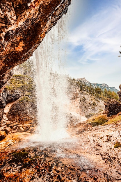 Majestic landscape of Dolomites fanes valley Wonderful hiking nature scenery in dolomite italy near Cortina d'Ampezzo The Fanes waterfalls Cascate di Fanes Dolomites Italy Via Ferrata Lucio Dalaiti