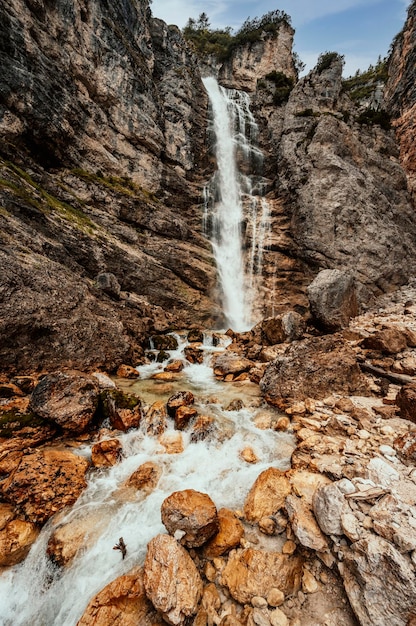 Majestic landscape of Dolomites fanes valley Wonderful hiking nature scenery in dolomite italy near Cortina d'Ampezzo The Fanes waterfalls Cascate di Fanes Dolomites Italy Via Ferrata Lucio Dalaiti