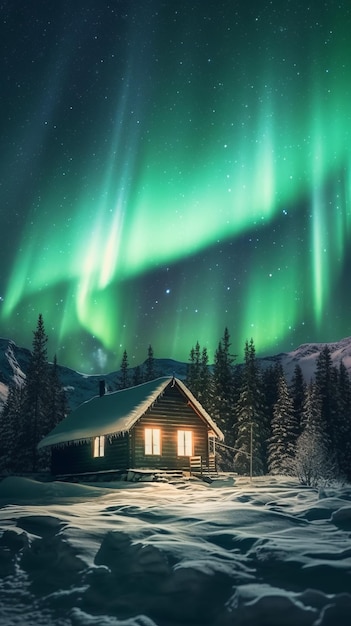 Majestic landscape Epic northern lights in the sky above the house Beautiful illustration