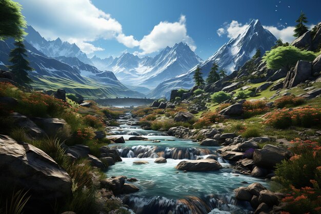 majestic landscape featuring a breathtaking mountain range with a cascading waterfall and vibrant flora