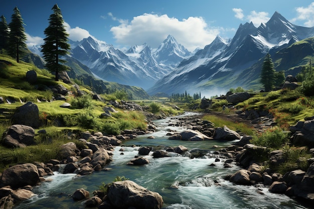 majestic landscape featuring a breathtaking mountain range with a cascading waterfall and vibrant flora