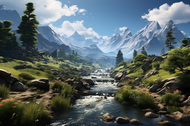 majestic landscape featuring a breathtaking mountain range with a cascading waterfall and vibrant flora