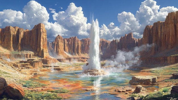 Majestic landscape featuring a geyser amidst rocky formations