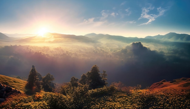 Majestic landscape glowing by sunlight in the morning