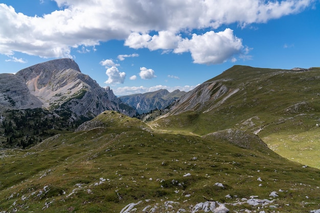 Majestic landscape in mountains Dolomites Italy Alps Trails in the mountains Beautiful rocks clouds 