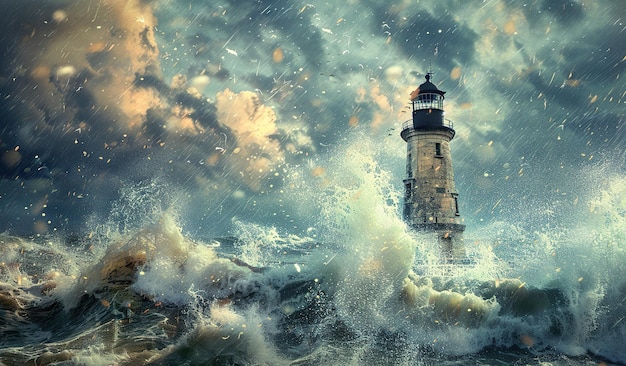 Majestic lighthouse amidst stormy sea waves