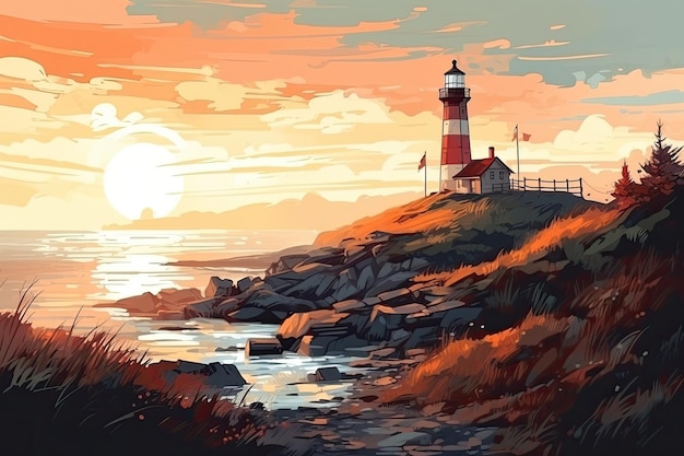 Majestic lighthouse standing tall on a rugged rocky shore Generative AI