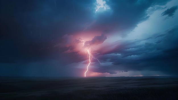 Majestic Lightning Bolt Illuminating the Stormy Dusk Sky Over the Rolling Flint Hills of Kansas