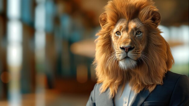 Majestic Lion in Business Suit Symbolizing Leadership and Strength in Modern Office Setting