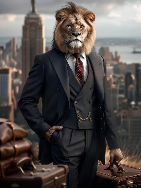 Photo majestic lion businessman confidently stands in sophisticated cityscape