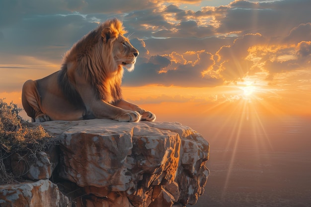 Photo majestic lion on a cliff at sunrise