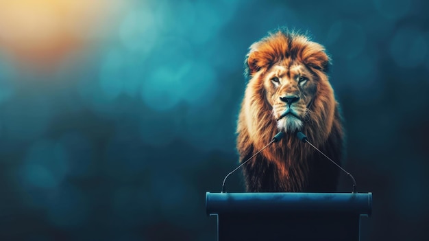 A majestic lion dressed in a business suit with digital elements superimposed