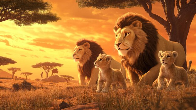 Photo majestic lion family at sunset in the savanna