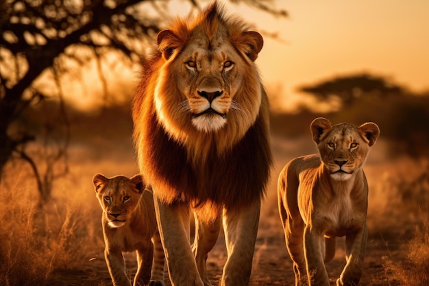 Majestic lion family at sunset in savanna