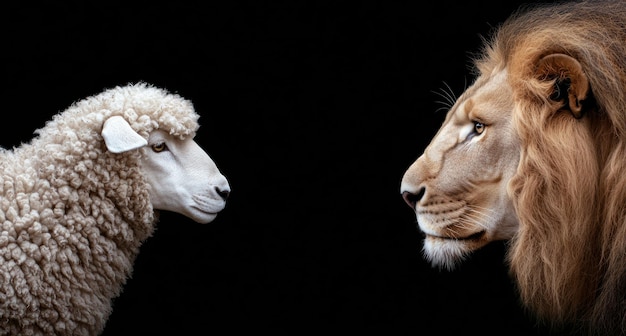 Photo majestic lion and fluffy sheep face off