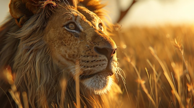 Majestic lion gazing into the distance in golden light surrounded by tall grasses in the savannah during sunset