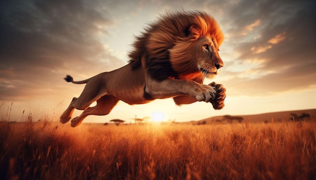 Majestic Lion in MidLeap Over Golden Savannah Field