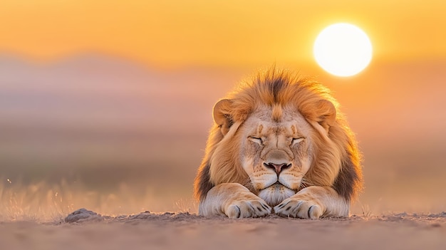 Majestic lion resting at sunset with sun in the background