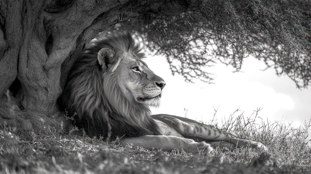 Photo a majestic lion resting under a tree in black and white