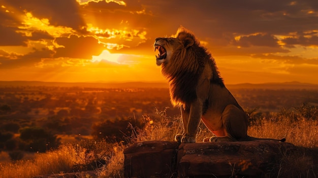 Majestic Lion Roaring at Sunset in African Savanna